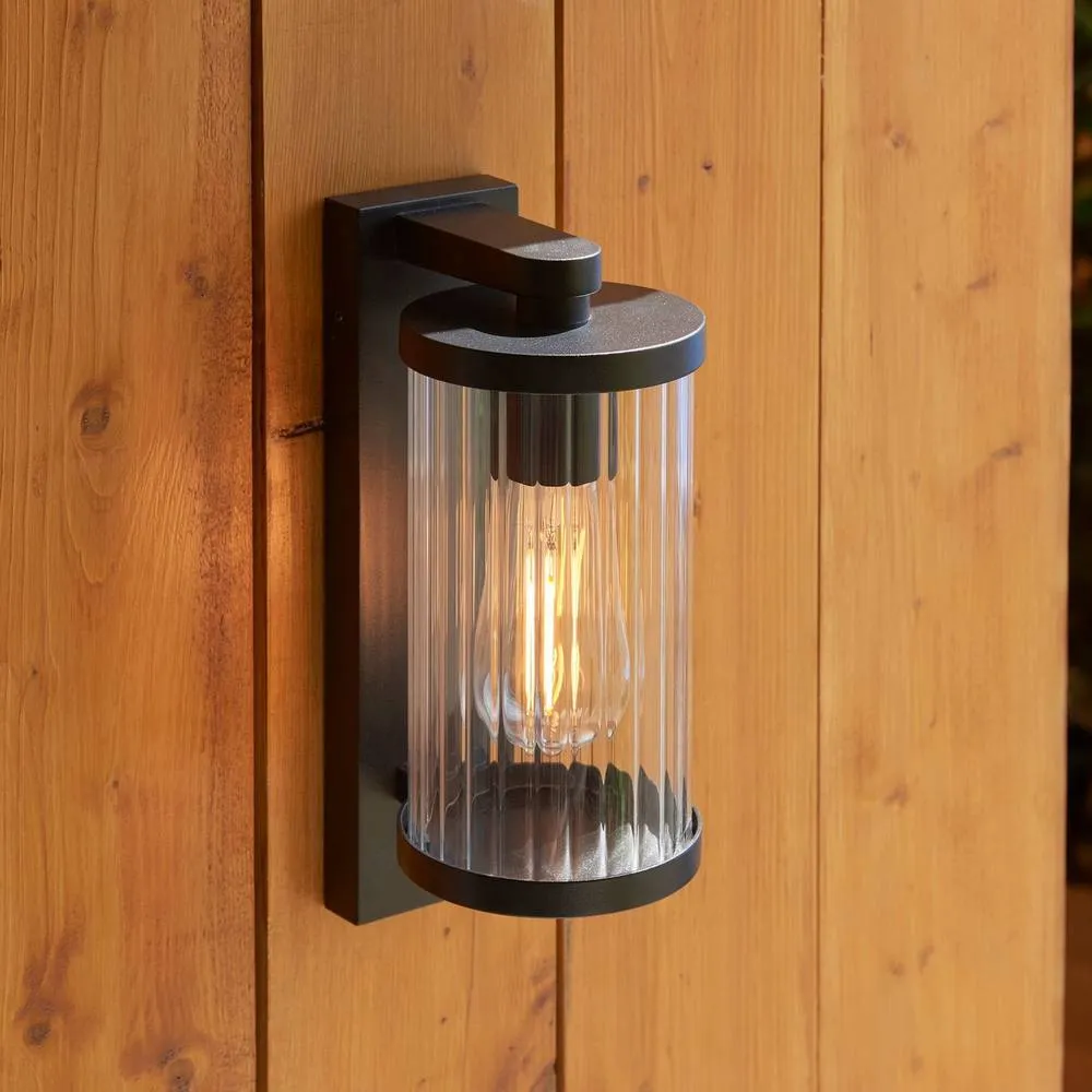 Netlighting Newcombe Outdoor Modern Wall Lamp Matt Black & Clear Ribbed Glass E27 3