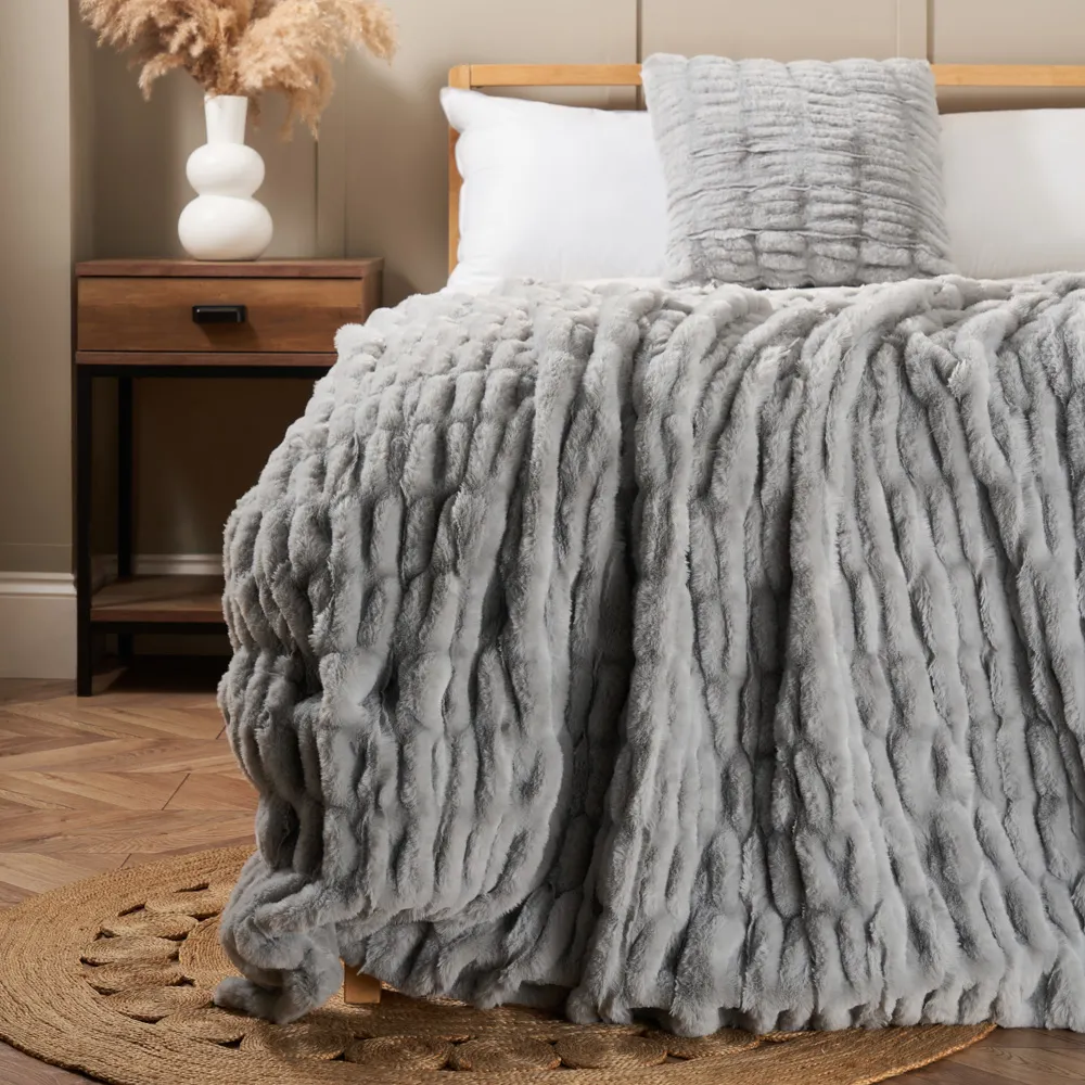 Ruched Faux Fur Throw, Grey 1