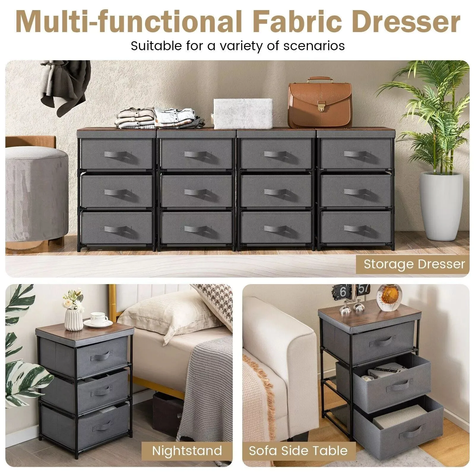 Costway 3 Chests of Drawers 3-Tier Nightstand Organizer Fabric Dresser with Metal Frame in Grey 6