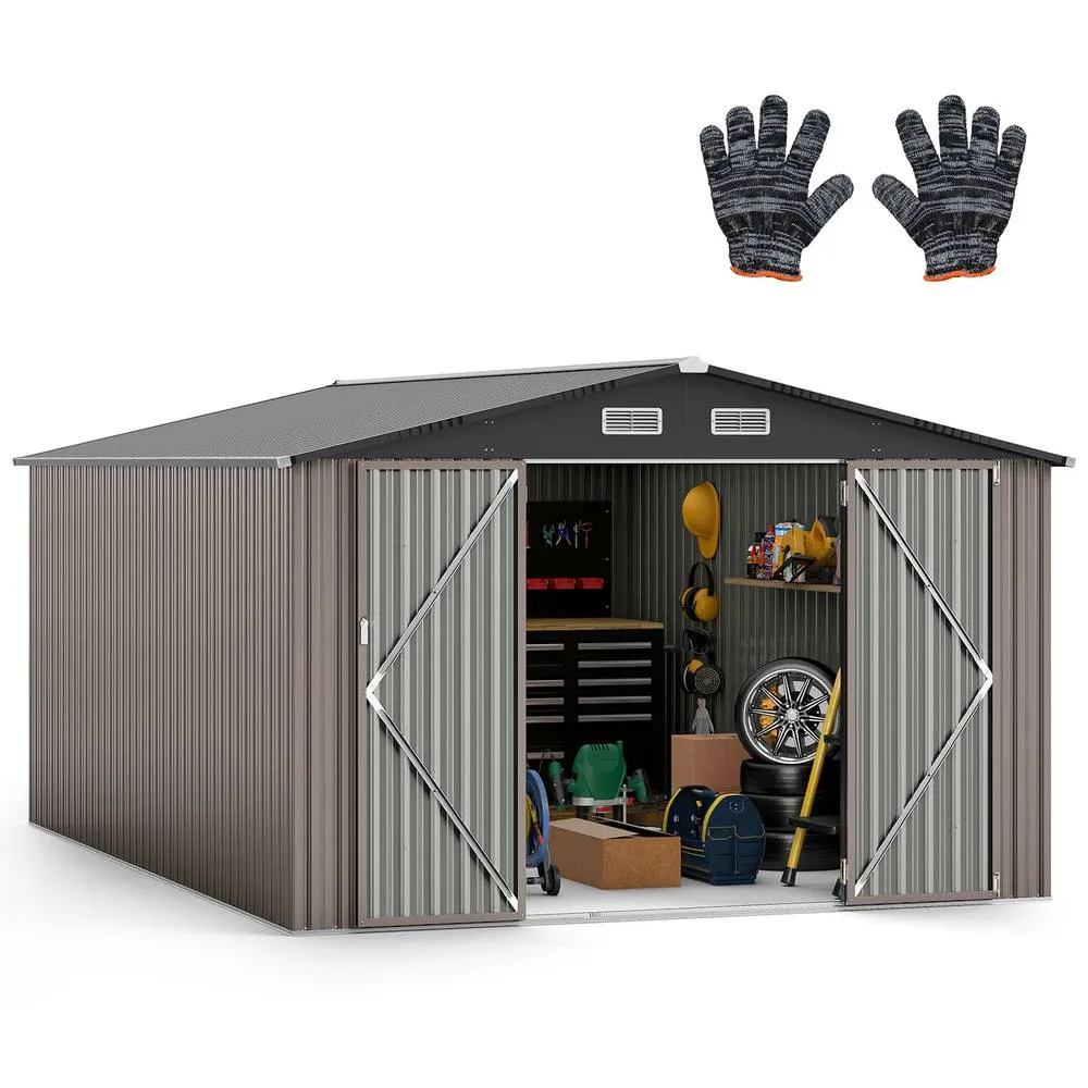 Costway 426cm x 300cm Outdoor Storage Shed Large Garden Tool House in Grey