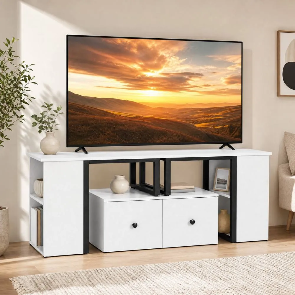 Costway Wood TV Cabinet 140 x 30 x 50 cm Lowboard TV Stand with 2 Large Drawers in White 4