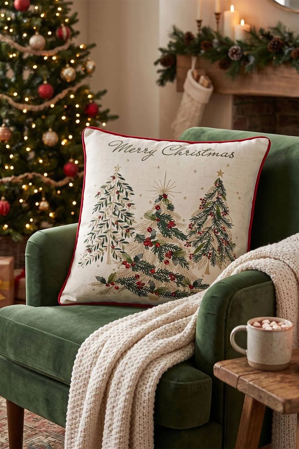 Homescapes Woven Christmas Trees Cushion with Cover, 45x45cm in Cream 6