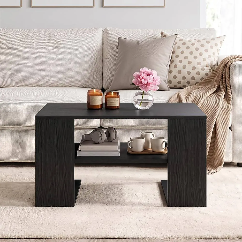 Costway Square Coffee Table Modern Compact Center Table with Open Shelf in Black 4