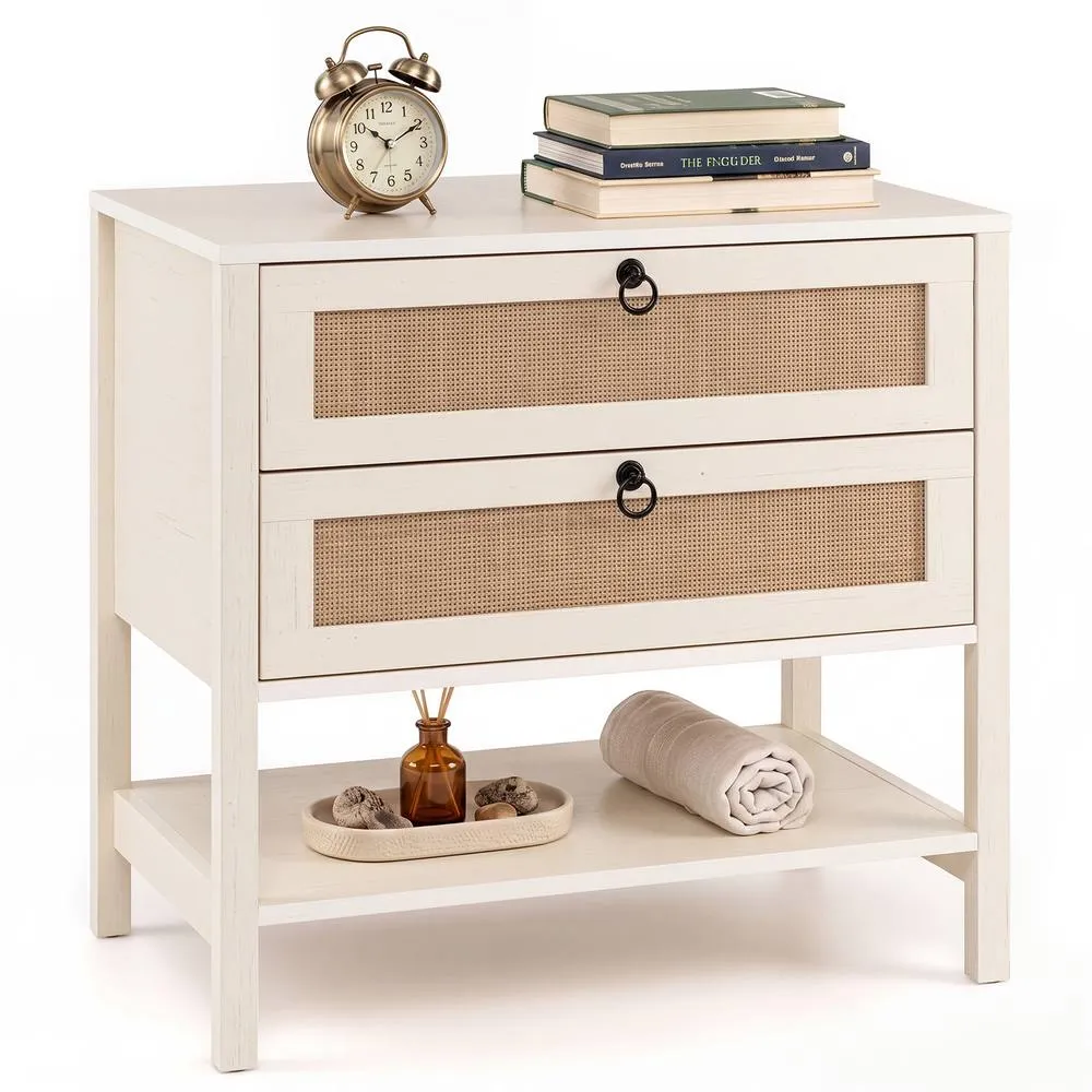 Costway Rattan Bedside Table with 2 Drawers 68cm Wide Boho Nightstand Oak Effect in White