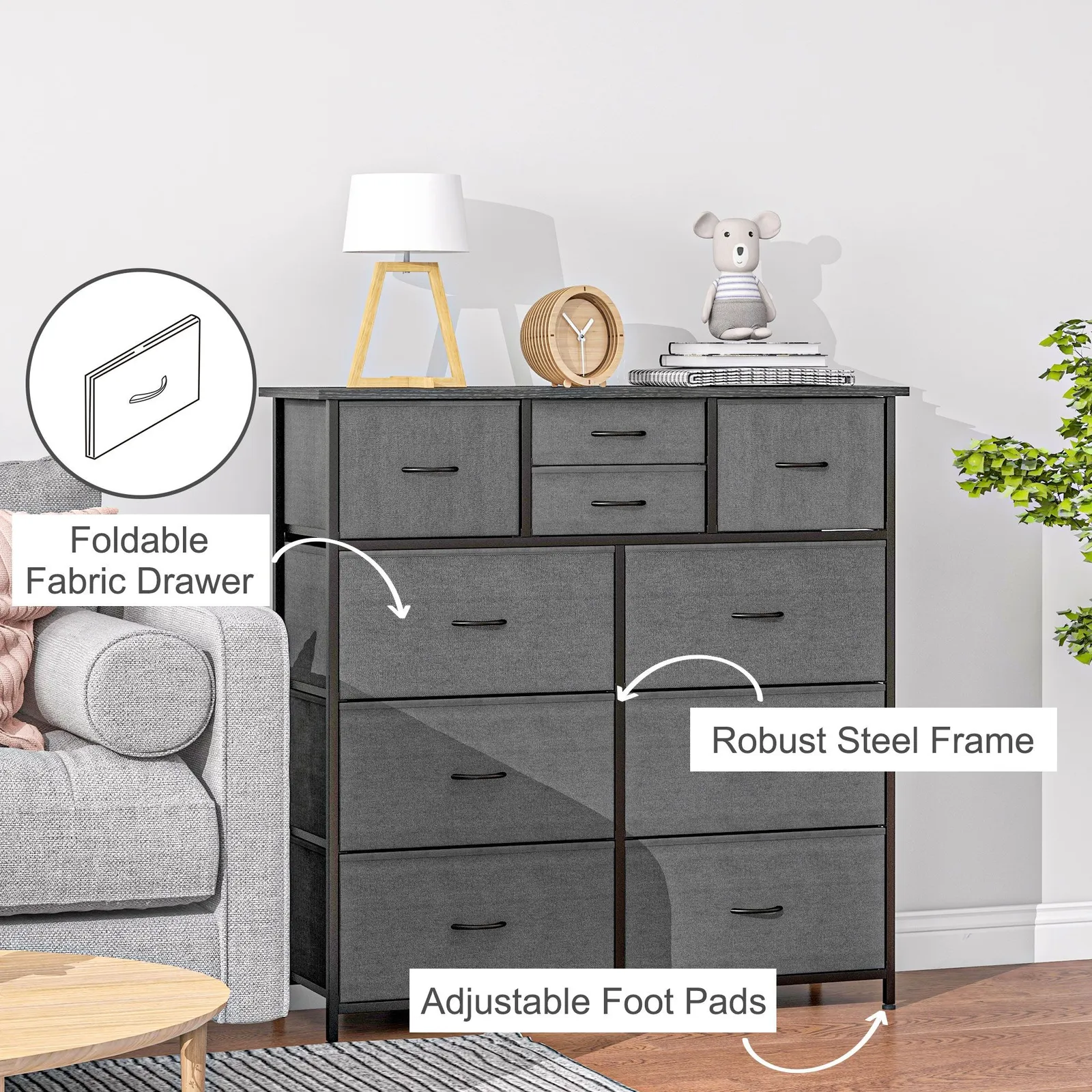 HOMCOM Bedroom Chest of Drawers Fabric Dresser w/ Foldable Drawers in Black 5