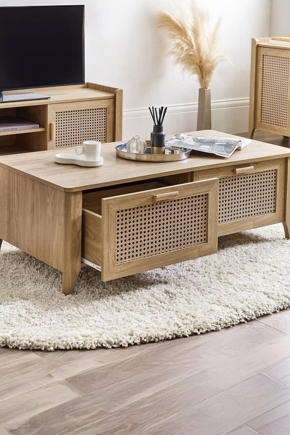 Julian Bowen Sydney Rattan Print 2 Drawer Coffee Table in Light Oak 2