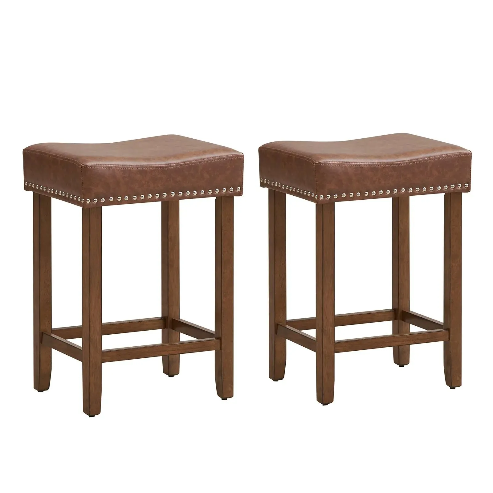 Costway Set of 2 Bar Stools Upholstered Counter Height Saddle Stools PU Leather 60cm in Brown