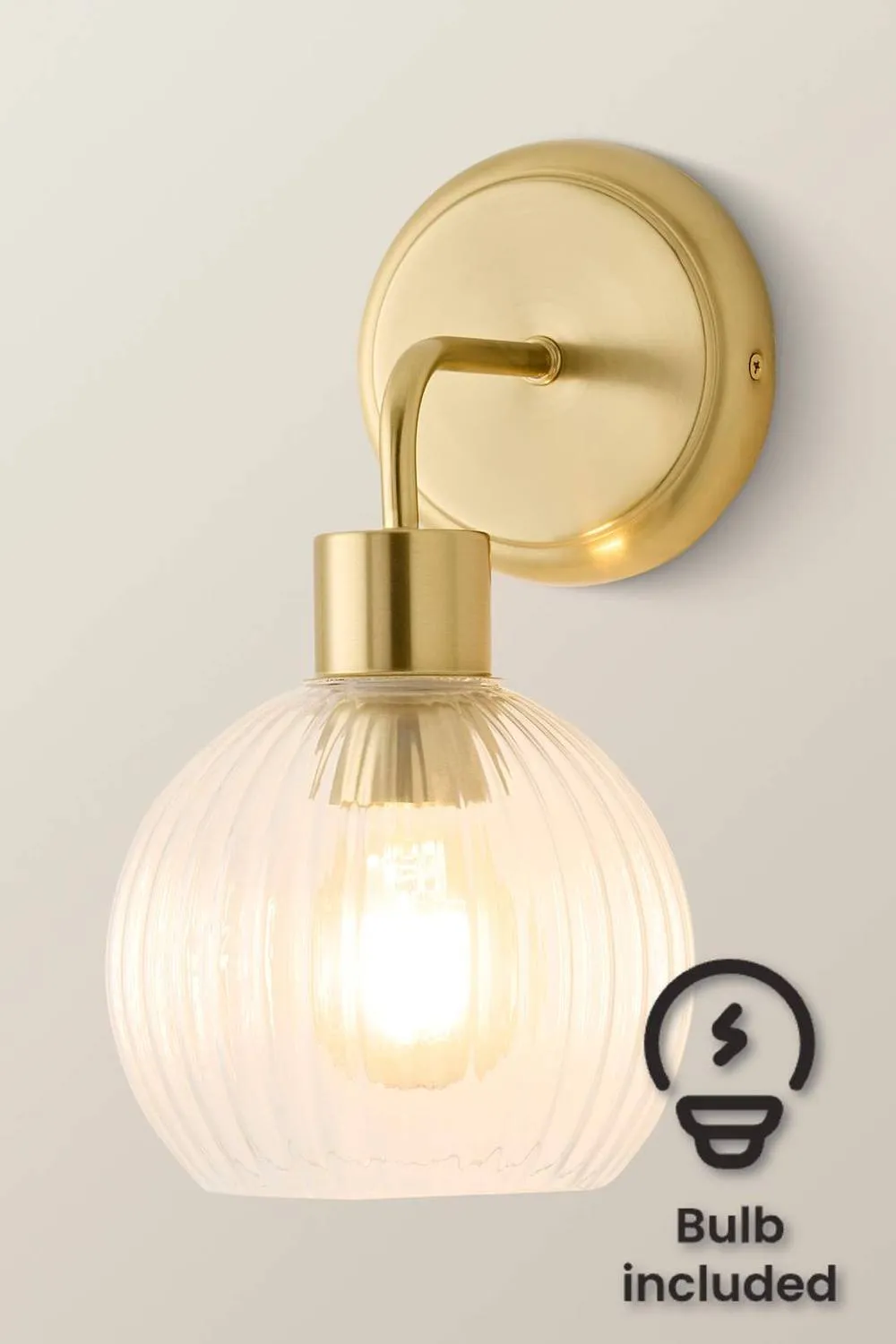 ValueLights Maddison Clear Ribbed Glass Globe Metal Wall Light Fitting & Bulb in Gold 1