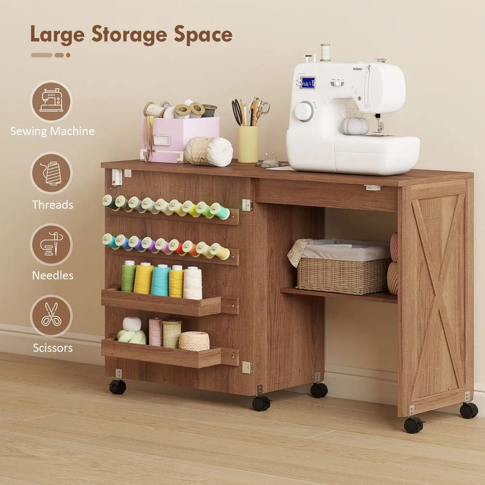 HOMCOM Folding Sewing Table, Craft Table with Storage compartments, Brown 4