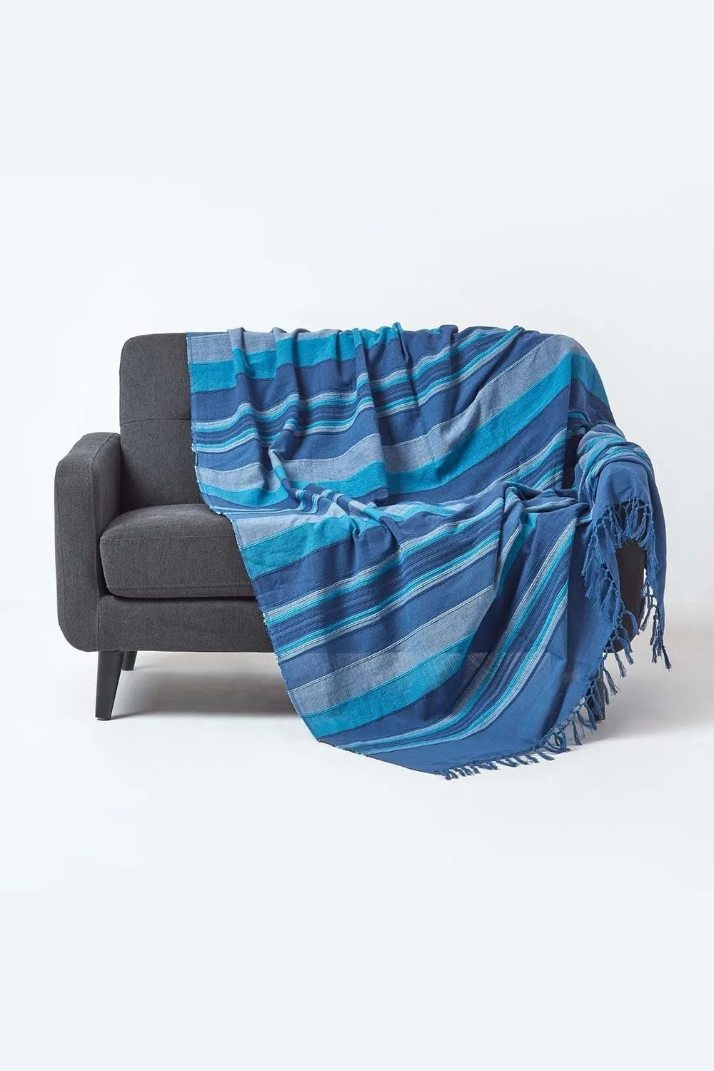 Homescapes Cotton Morocco Striped Throw in Blue
