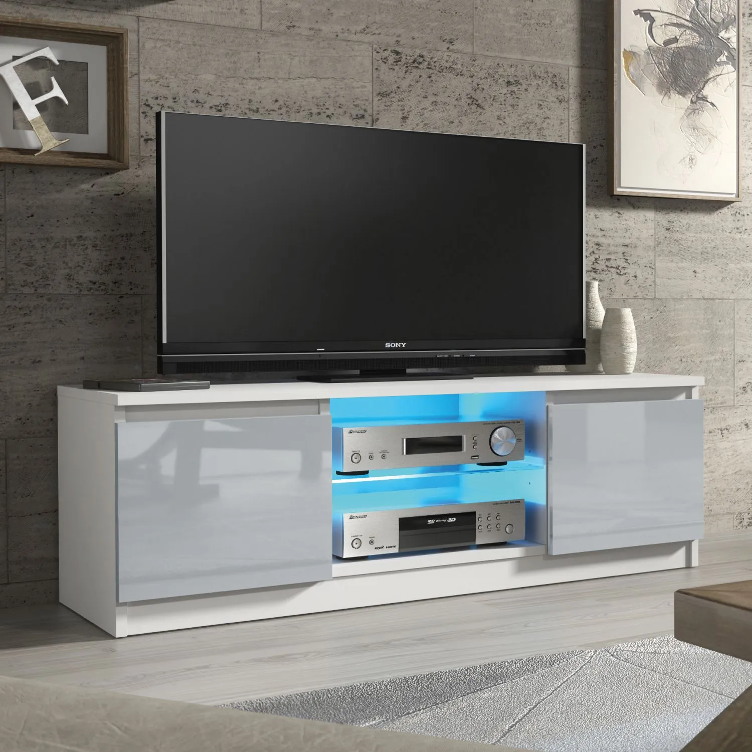 Creative Furniture Aura TV Unit 120cm - A Compact & Contemporary Cabinet with Gloss Doors & LED Lights in Grey