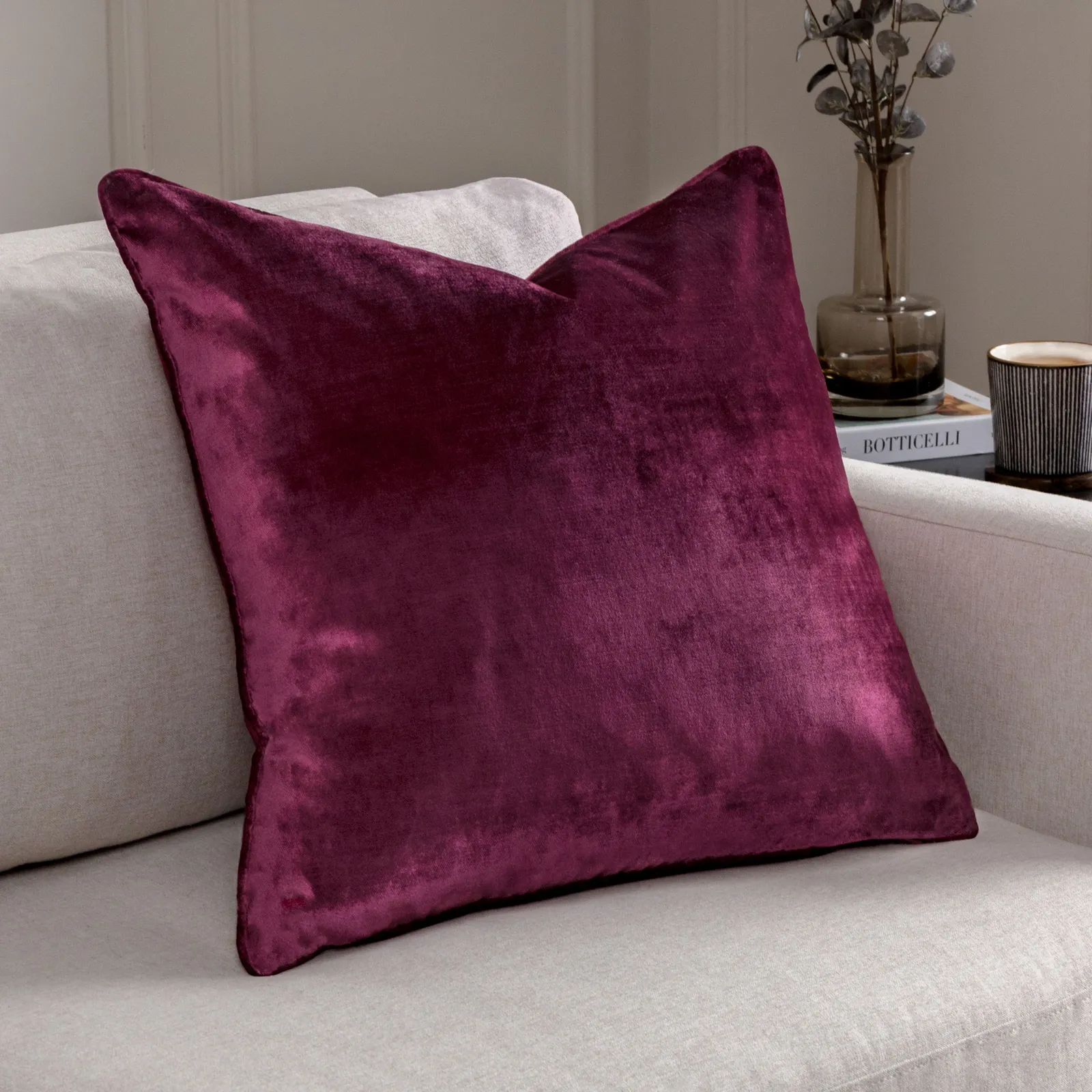 Paoletti Luxe Velvet Piped Cushion in Grape 1