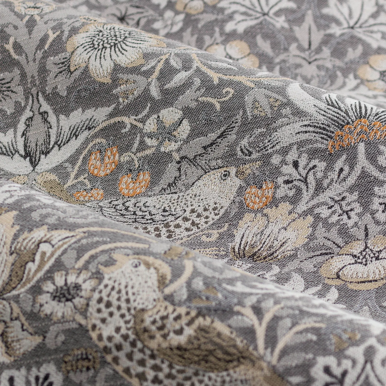 Morris & Co Strawberry Thief Jacquard Floral Room Darkening Pencil Pleat Curtain Pair in Beige 6