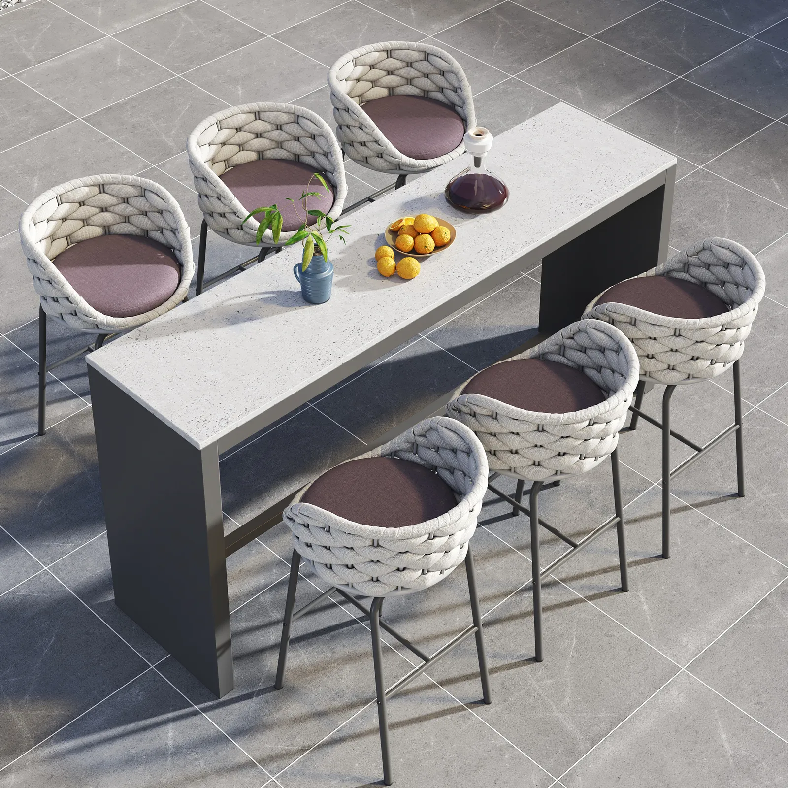 7-Piece Garden Sintered Stone & Aluminium Bar Dining Set with 6 Bar Stools in Light Grey