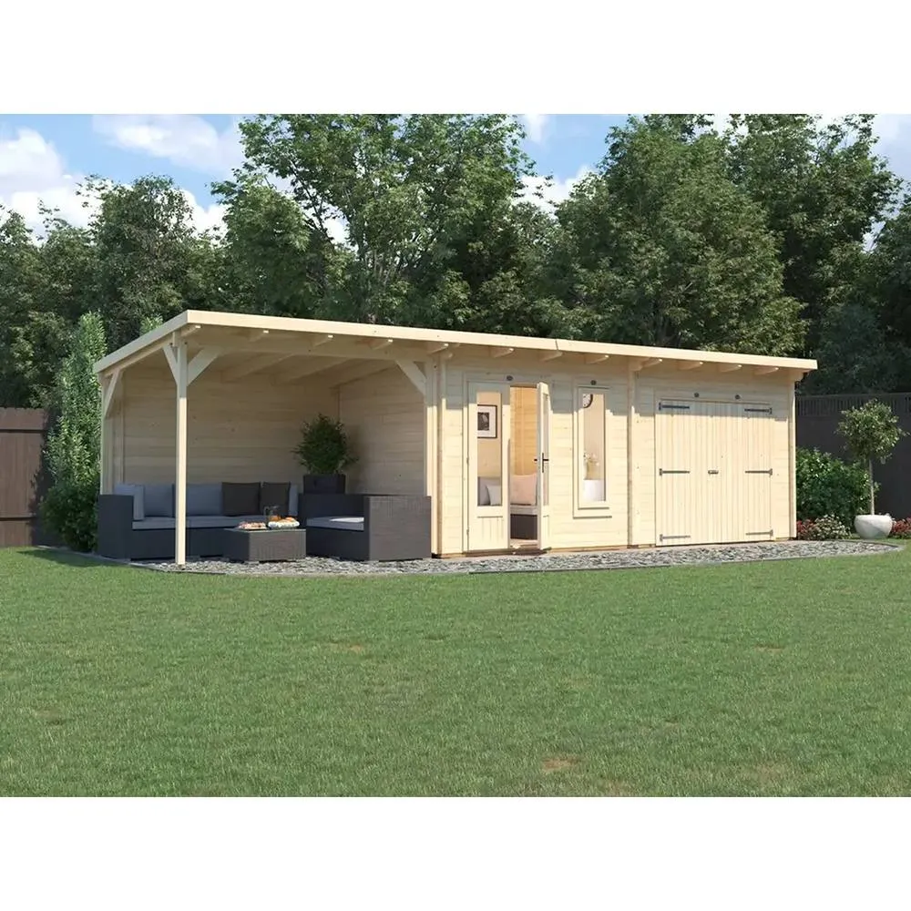 Dunster House Wooden Log Cabin With Gazebo 9.0m x 2.5m, EvilGenius in Beige 3