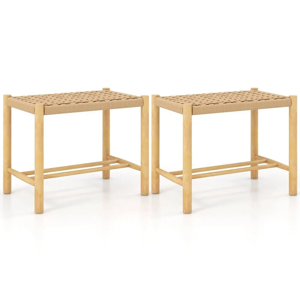 Costway Kitchen Bar Stool Set of 2 Counter Height Woven Paper Seat Stool in Khaki