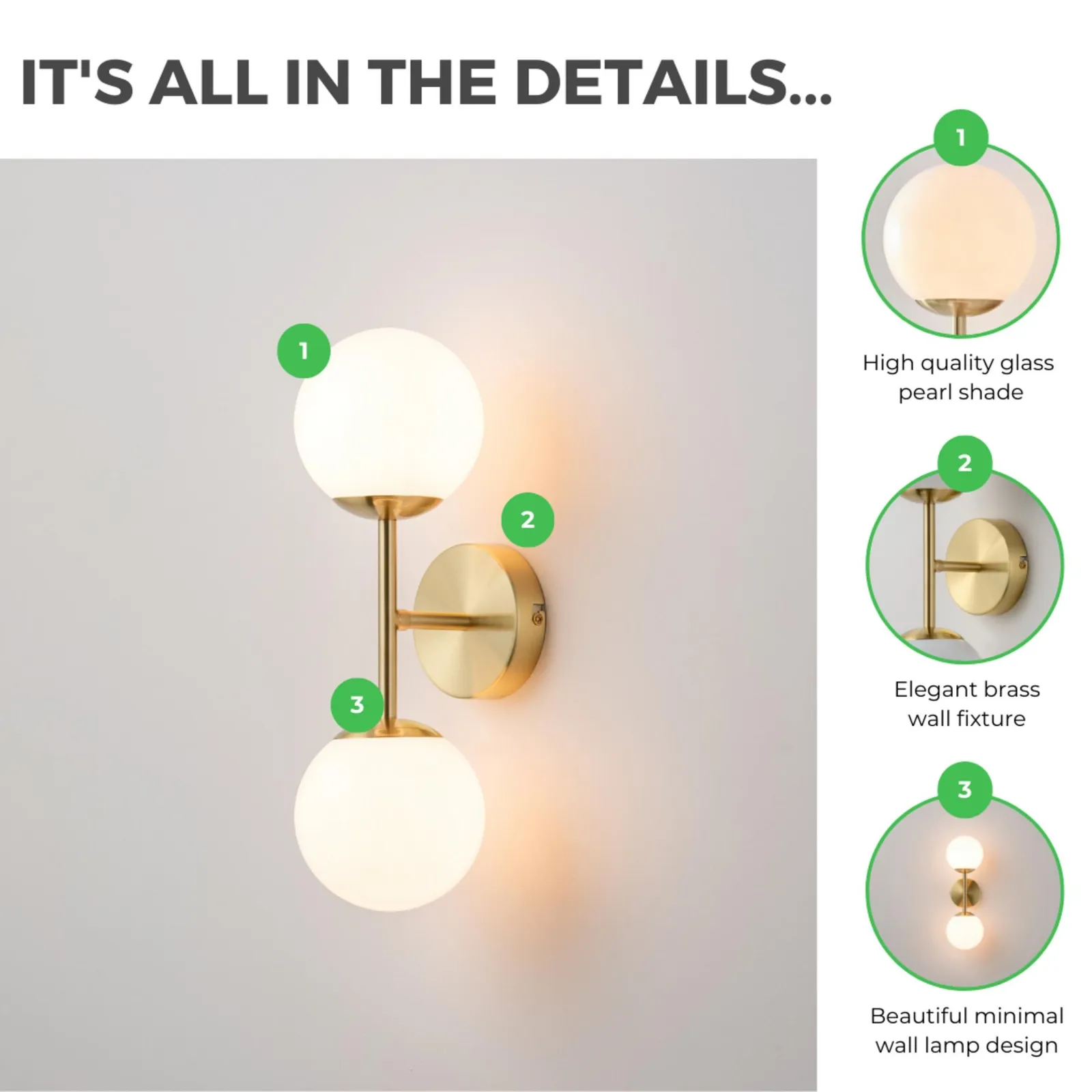 FurnitureboxUK Martha Brushed Brass Art Deco Wall Light With Opal Glass Globe Shades in Gold 6