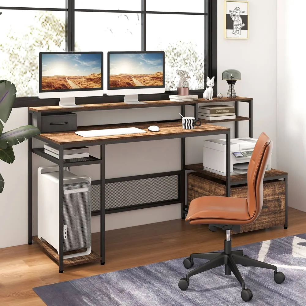 Costway 170CM Computer Desk Monitor Stand Writing Table W/ Power Outlets in Brown