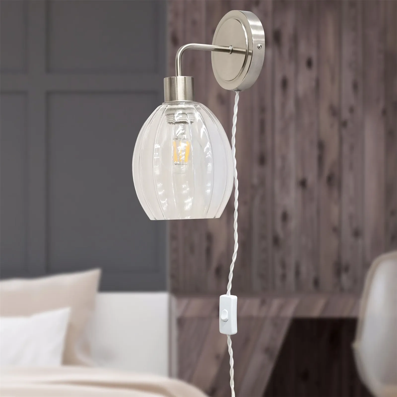First Choice Lighting Toby - Satin Nickel Plug in Wall Light with Birch Fluted Glass Shade in Silver 3