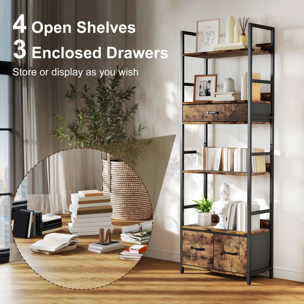 HOMCOM Industrial Bookshelf with 4 Shelves & 3 Fabric Drawers Rustic Brown 4