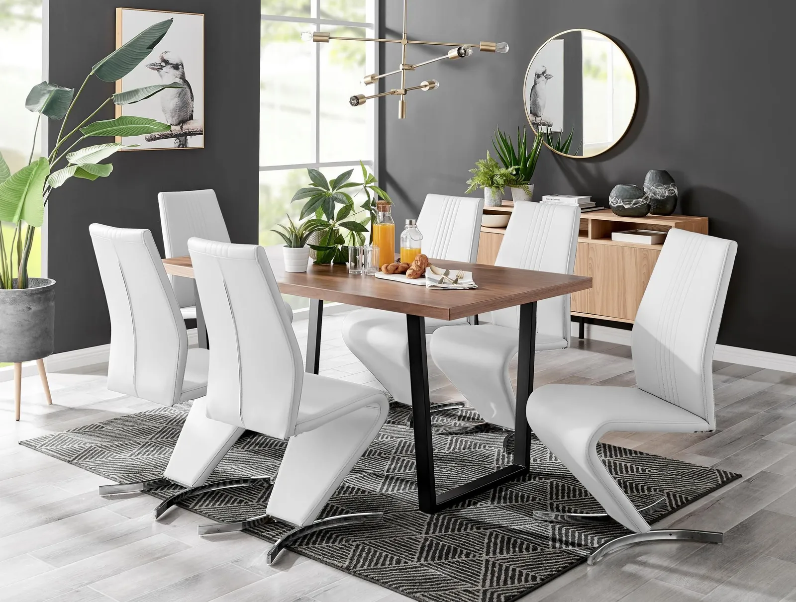 FurnitureboxUK Kylo Large Brown Wood Effect Dining Table & 6 Willow Faux Leather Chairs in White