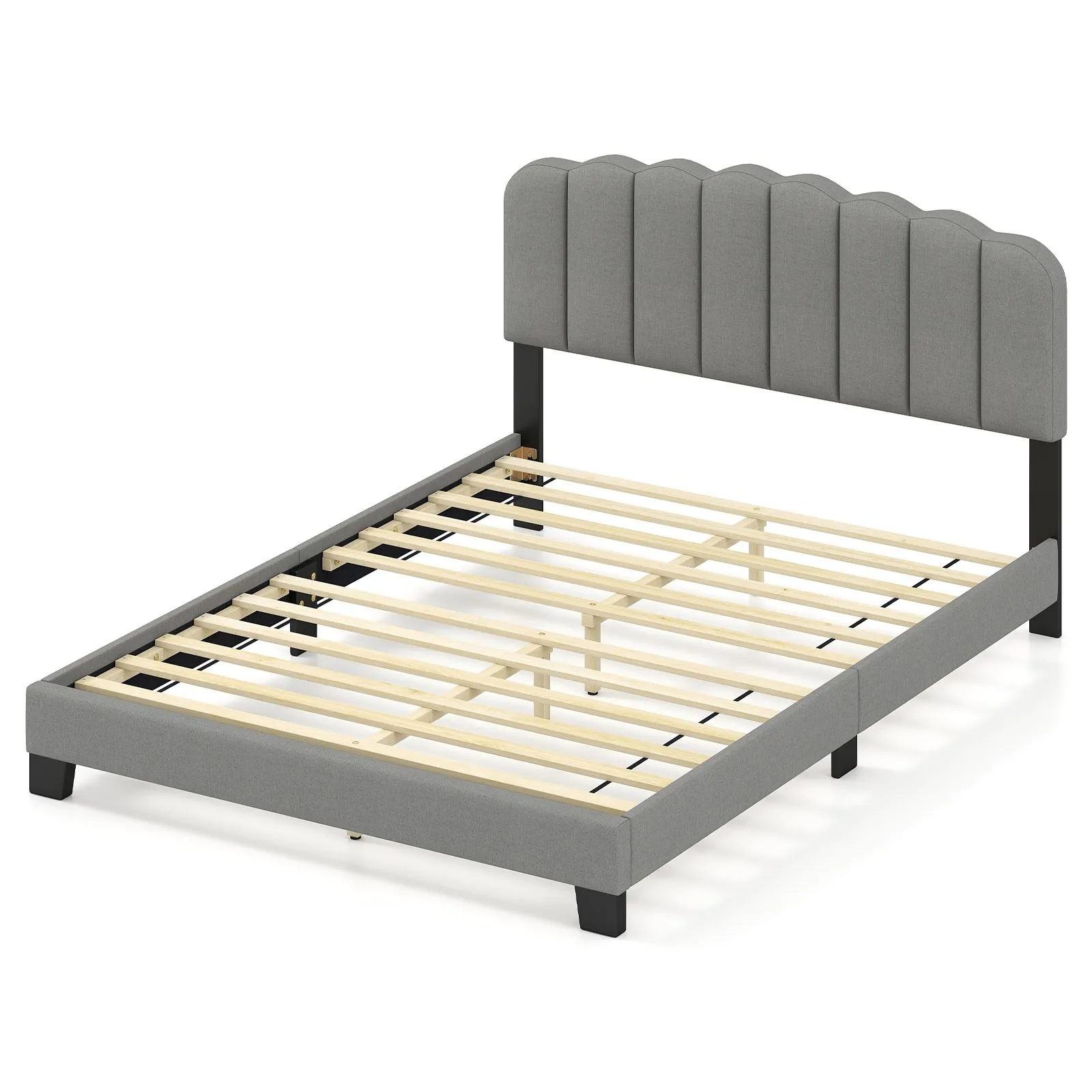 Costway Double Size Bed Frame Linen Upholstered Platform Bed in Grey