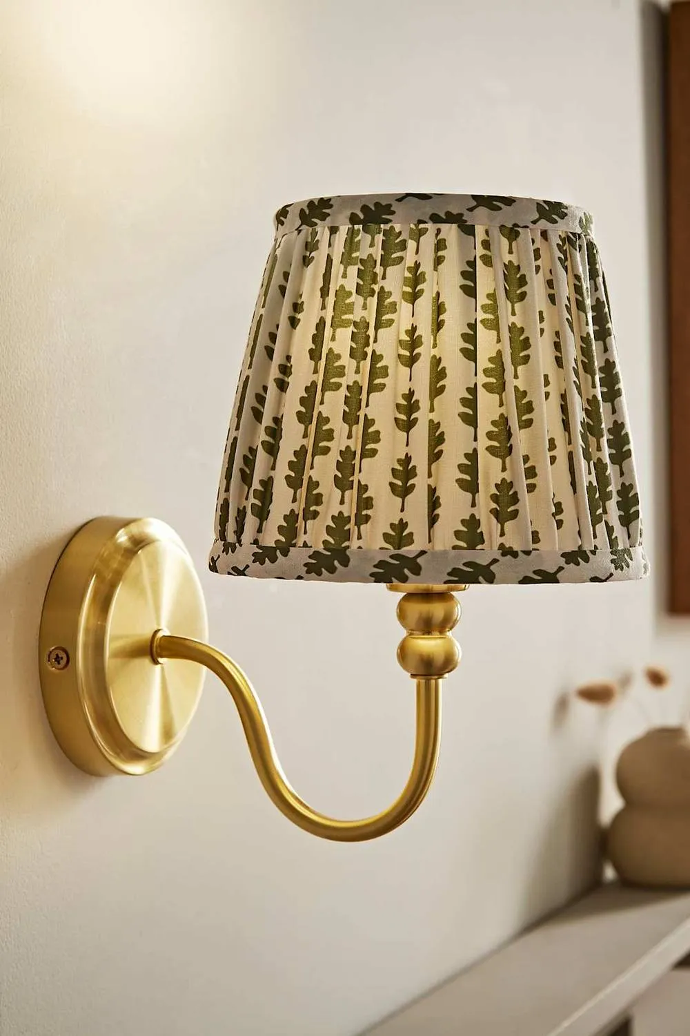 ValueLights Binky Pair of Rechargeable Gold Wall Lights with Floral Pleated Shades in Pale Green 2