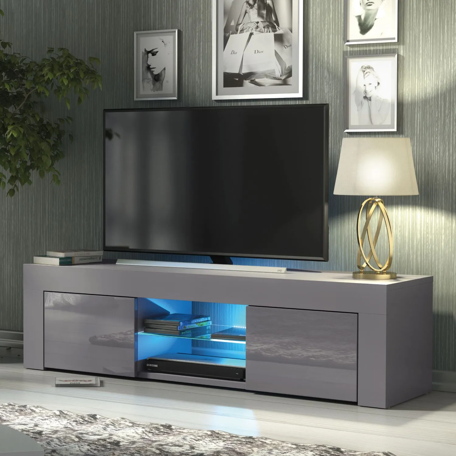 Creative Furniture Loom TV Unit 130cm - A Minimalist & Sophisticated Cabinet with Gloss Doors & LED Lights in Dark Grey 4
