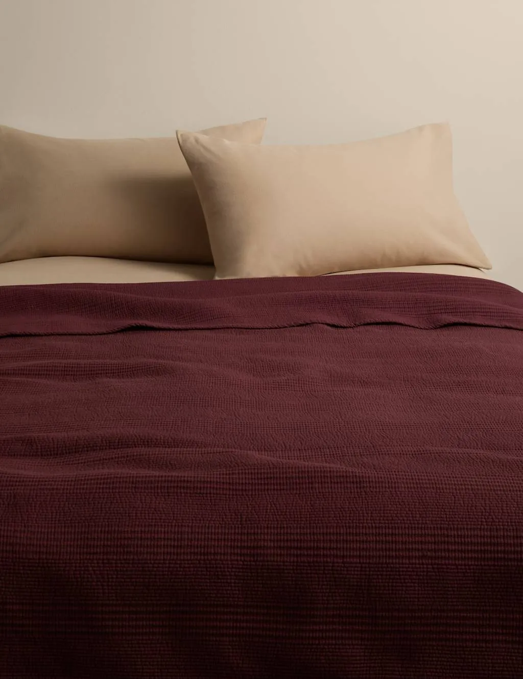 M&S Cotton Rich Ribbed Bedspread with Linen Burgundy