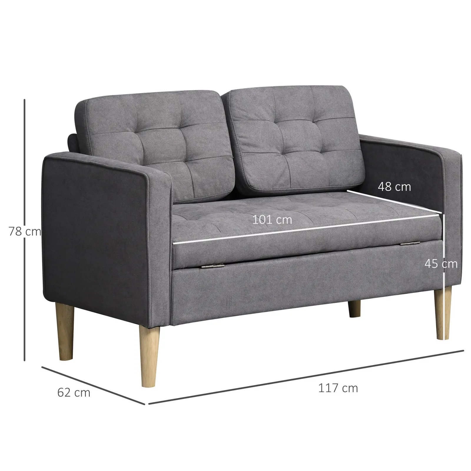 HOMCOM Compact Loveseat Sofa 2 Seater Sofa with Storage & Wood Legs in Grey 3