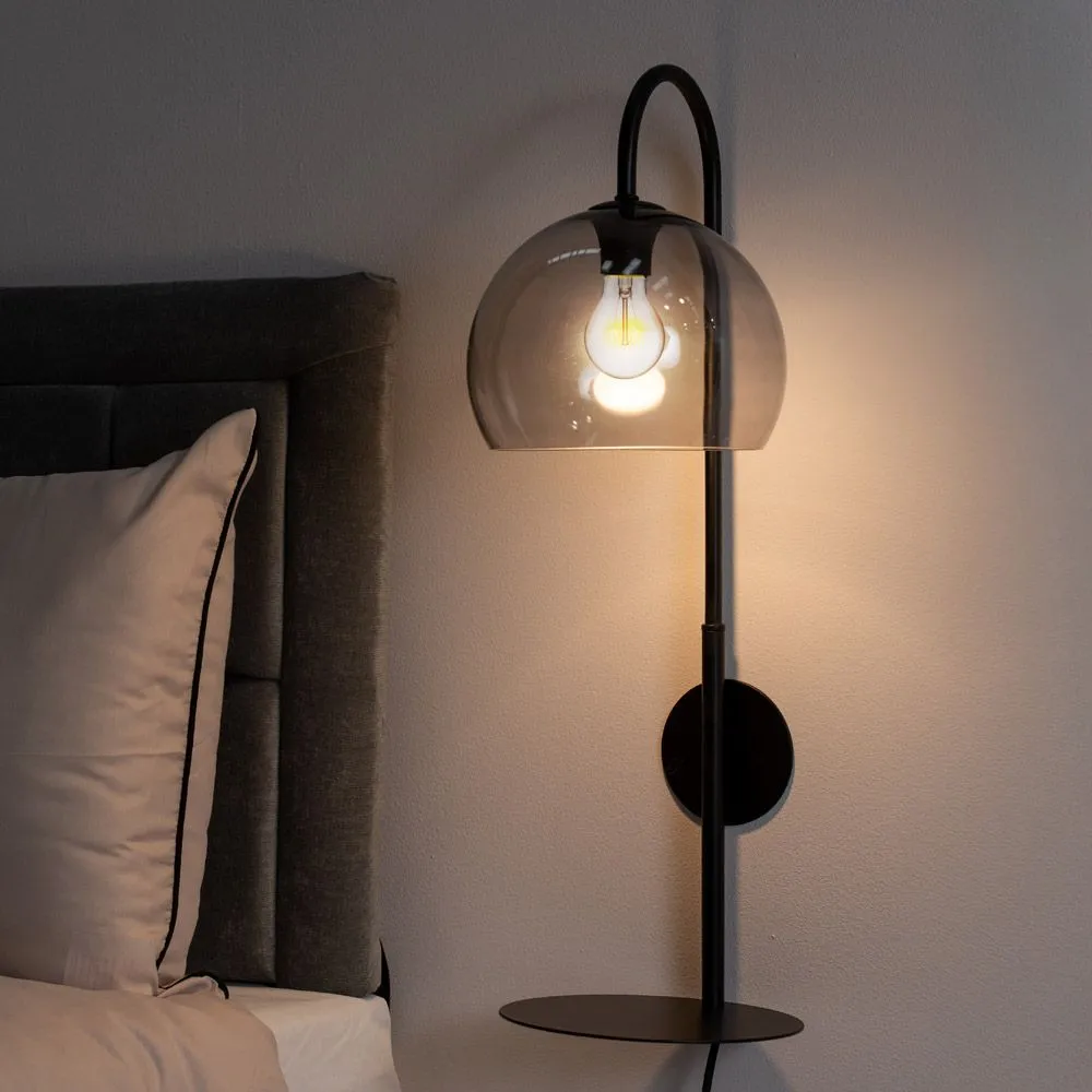 ValueLights Glenn Smoked Glass Globe Shade Wall Light with Matte Black Shelf 4