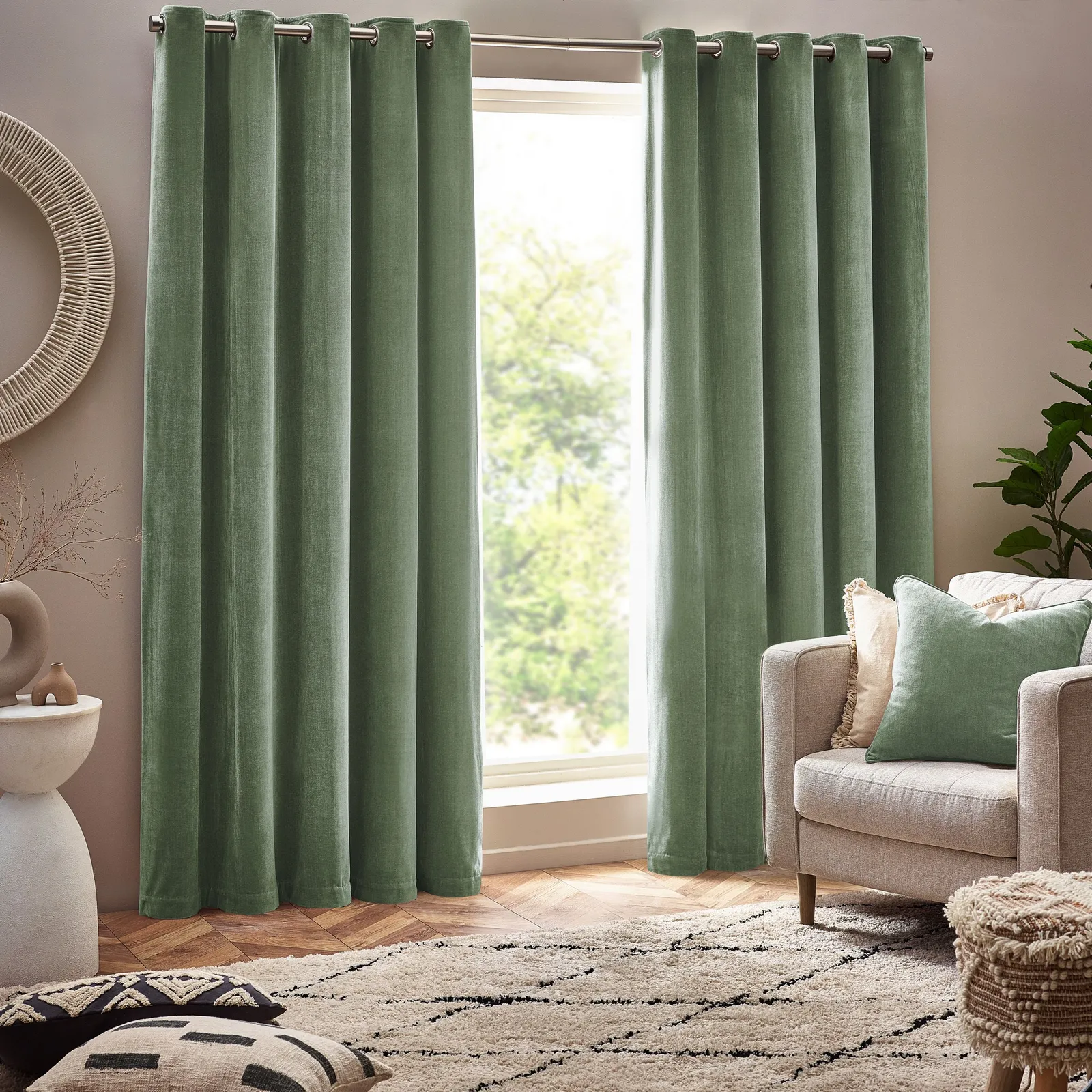 Yard Heavy Chenille Velvet Room Darkening Eyelet Curtain Pair in Green 2