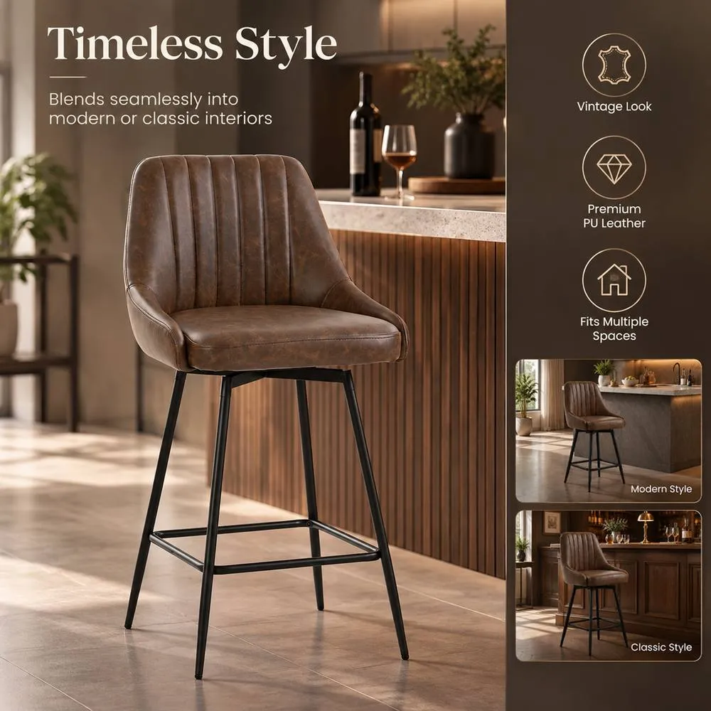 HOMCOM Vintage Bar Stools Set of 2, PU Leather, Footrest, Dark Brown 4