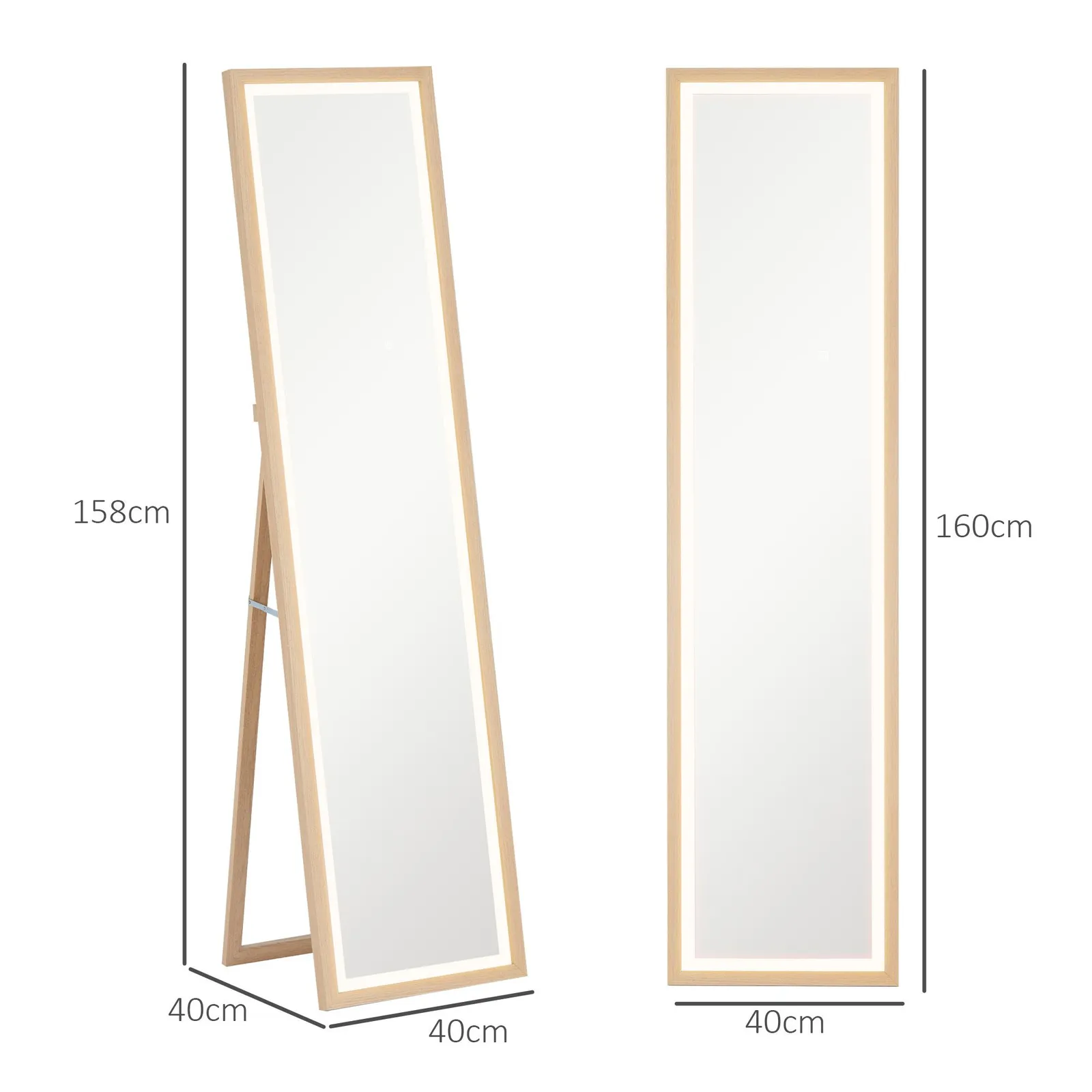HOMCOM Dimming Full Length Mirror w/ Lights Standing Leaning Wall Mount Oak in Light Oak 3