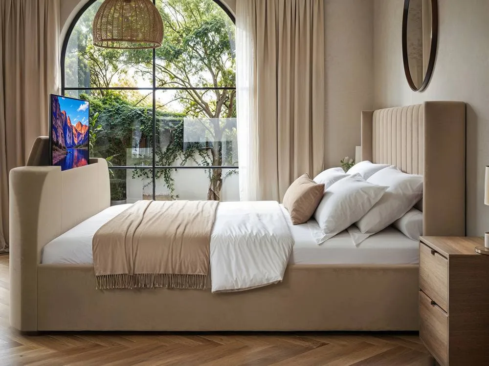 Flair Fallon TV Side Lift Ottoman Bed Beige Velvet 3