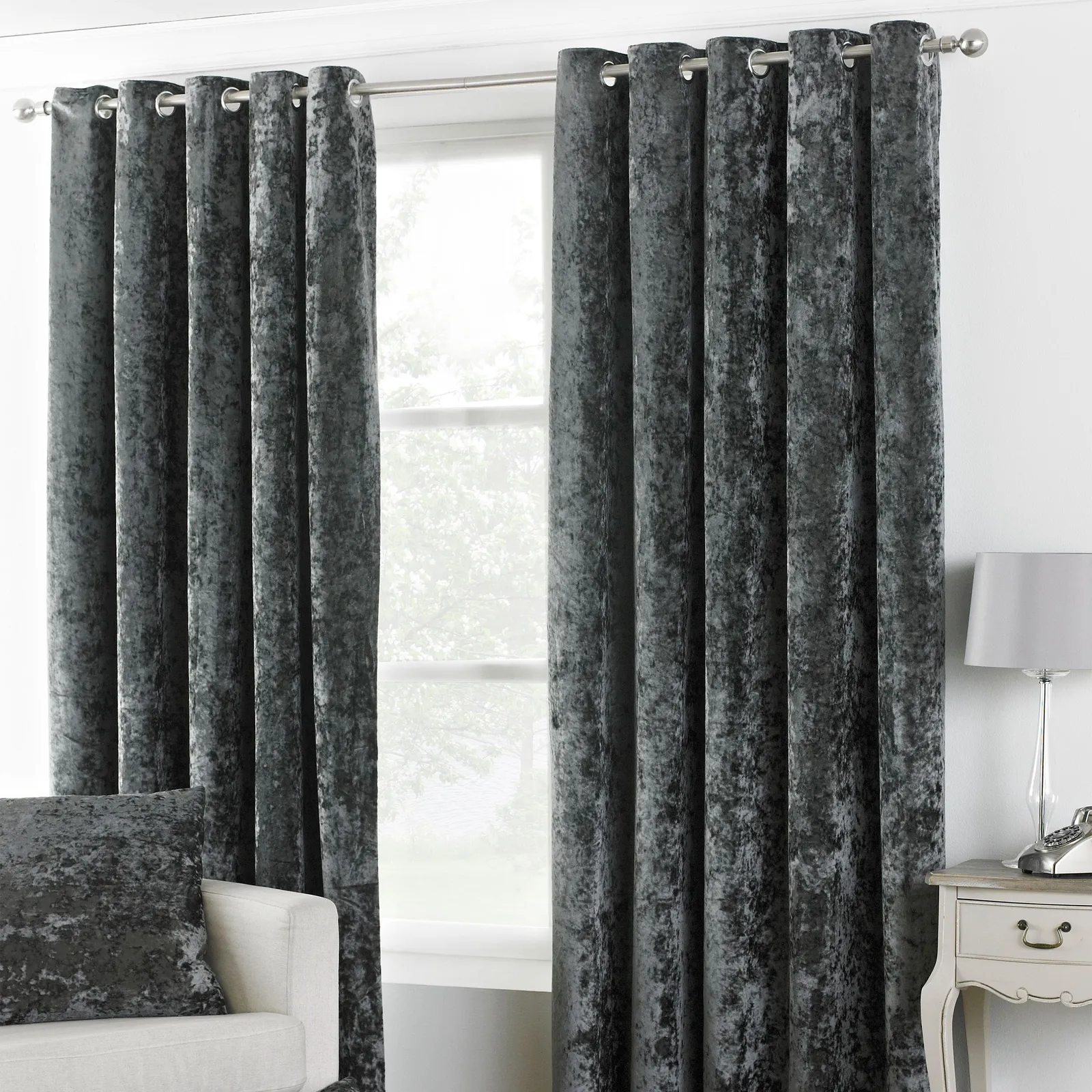 Paoletti Verona Crushed Velvet Eyelet Curtains in Metallic Silver 1