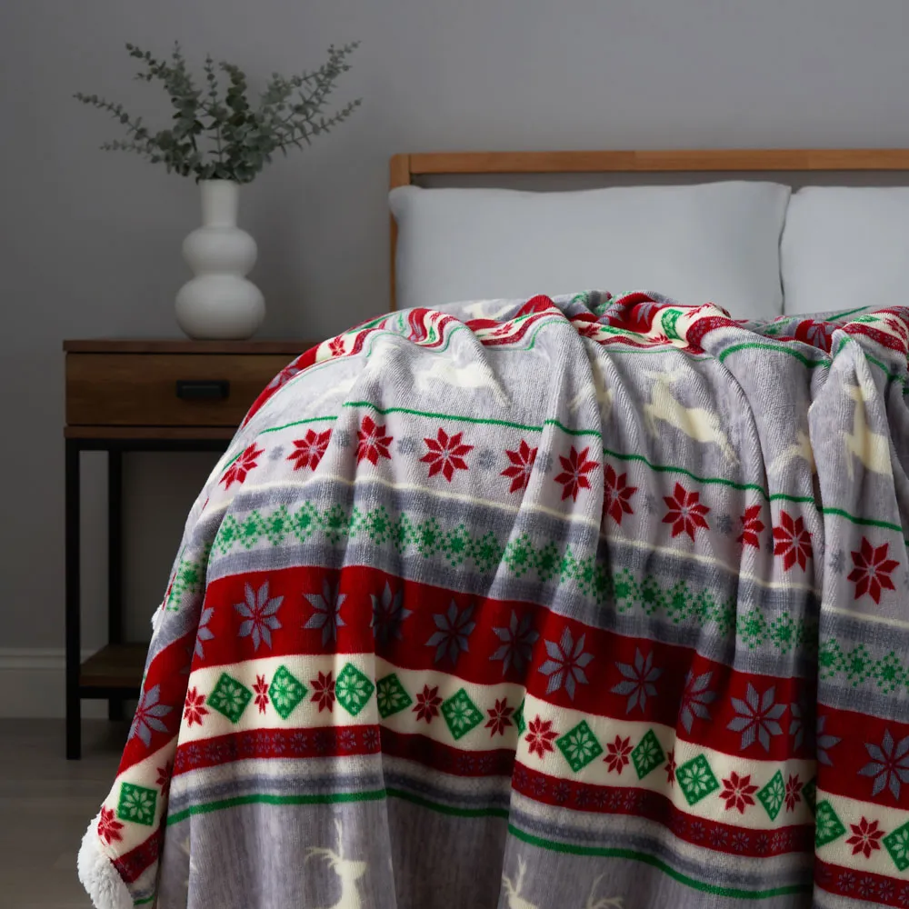 Christmas Stag Stripe Throw with Sherpa, Red & Green