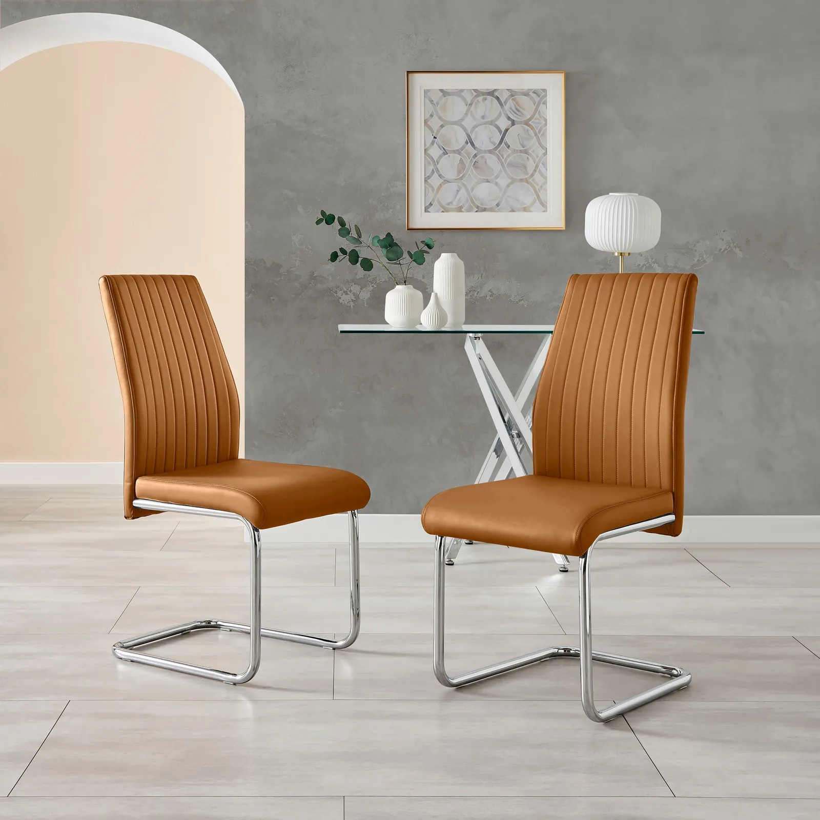 FurnitureboxUK Lorenzo 2x Tan Faux Leather Silver Leg Dining Chair 2
