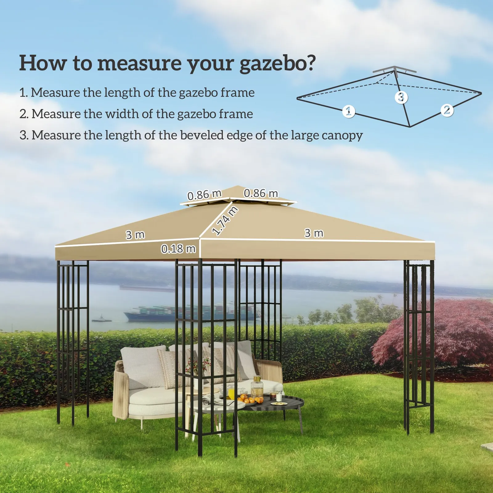 OUTSUNNY 3(m) 2 Tier Garden Gazebo Top Cover Replacement Canopy Roof in Beige 3
