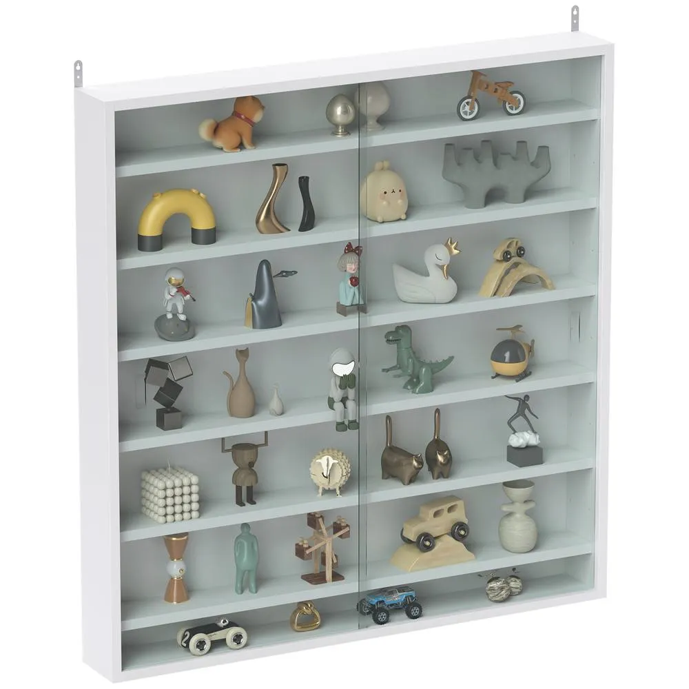 HOMCOM 7-Tier Wall Display Cabinet w/ Adjustable Shelves Glass Doors in White 2