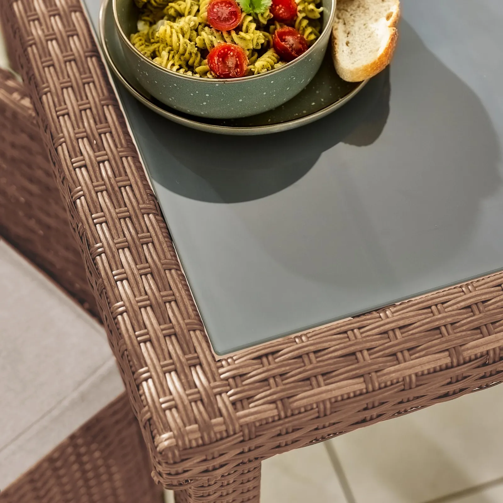 FurnitureboxUK Barbados Rattan Outdoor Garden Dining Set, PE Rattan & Cushions, 4 Chairs 1 Square Glass Top Outdoor Table in Light Brown 6