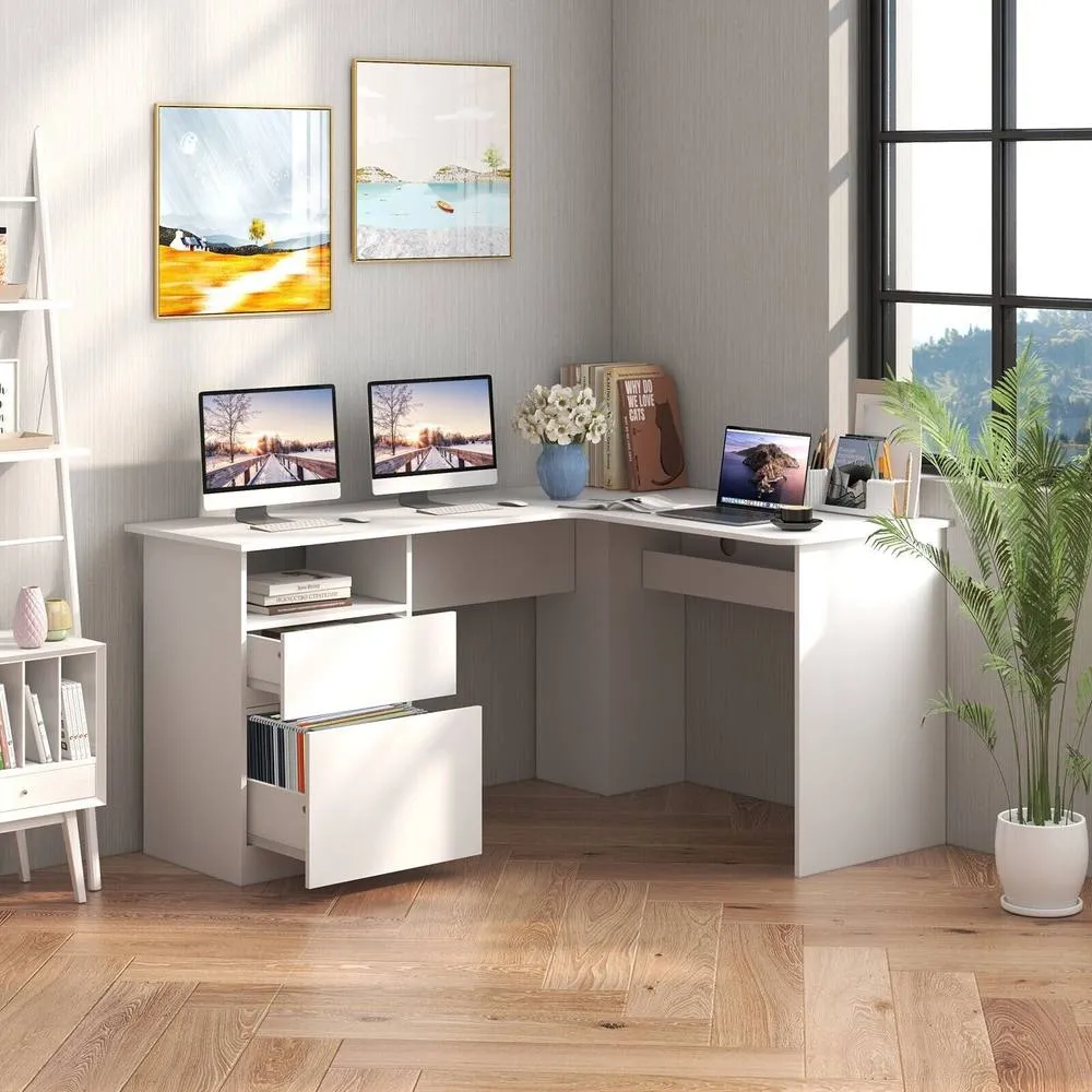 Costway L-Shaped Computer Desk 150cm Modern Writing Study Table w/ Drawers in White 4