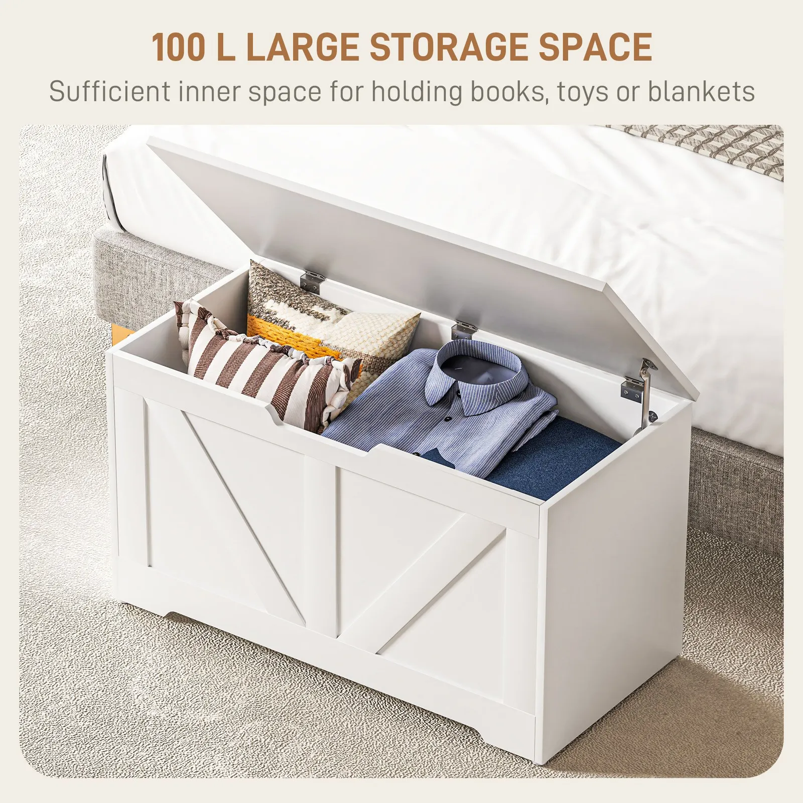 HOMCOM Storage Trunk for Living Room, with Safety Hinges, 80cm in White 4