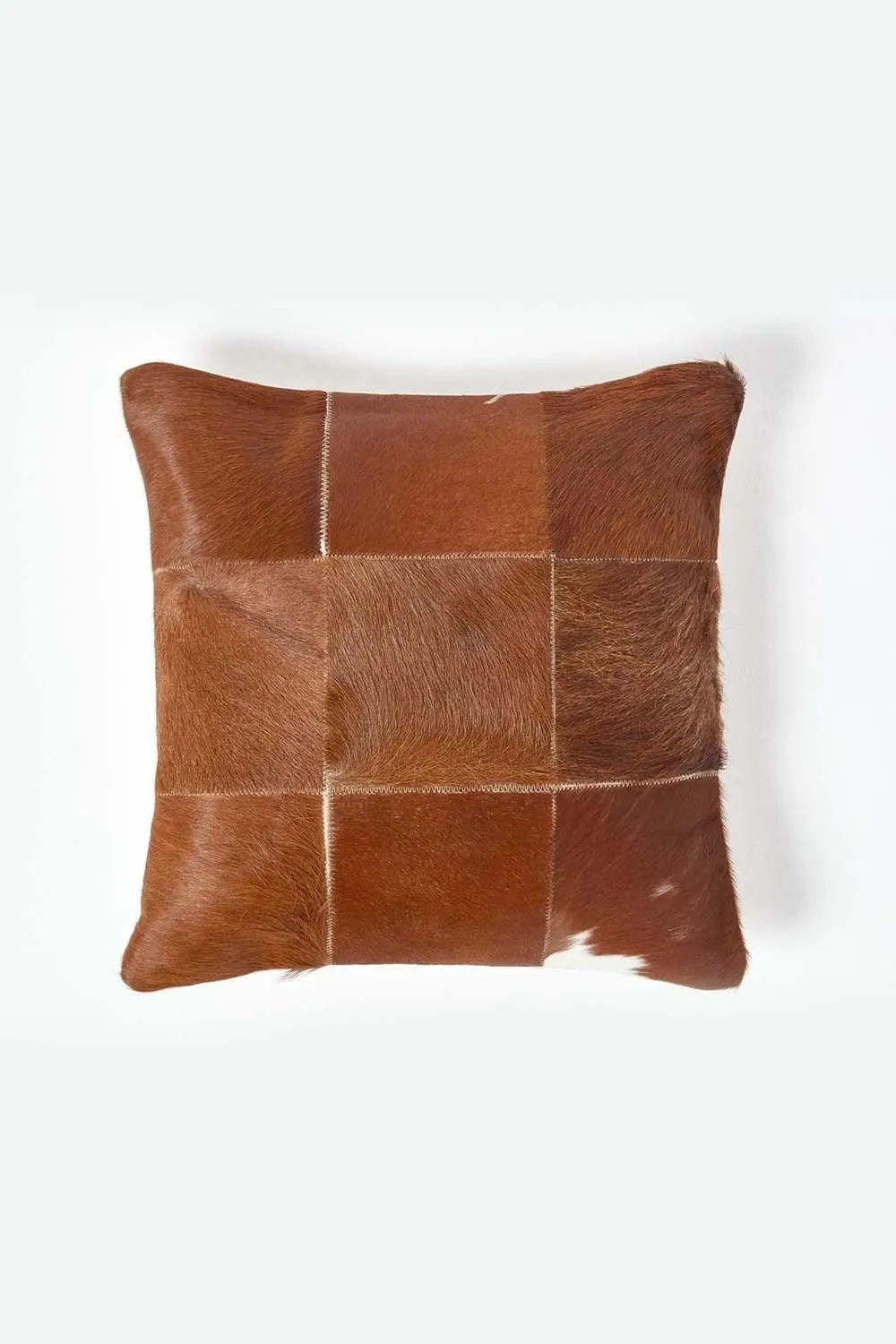 Homescapes Beige Real Leather & Goat Hair Large Check Cushion with Feather Filling