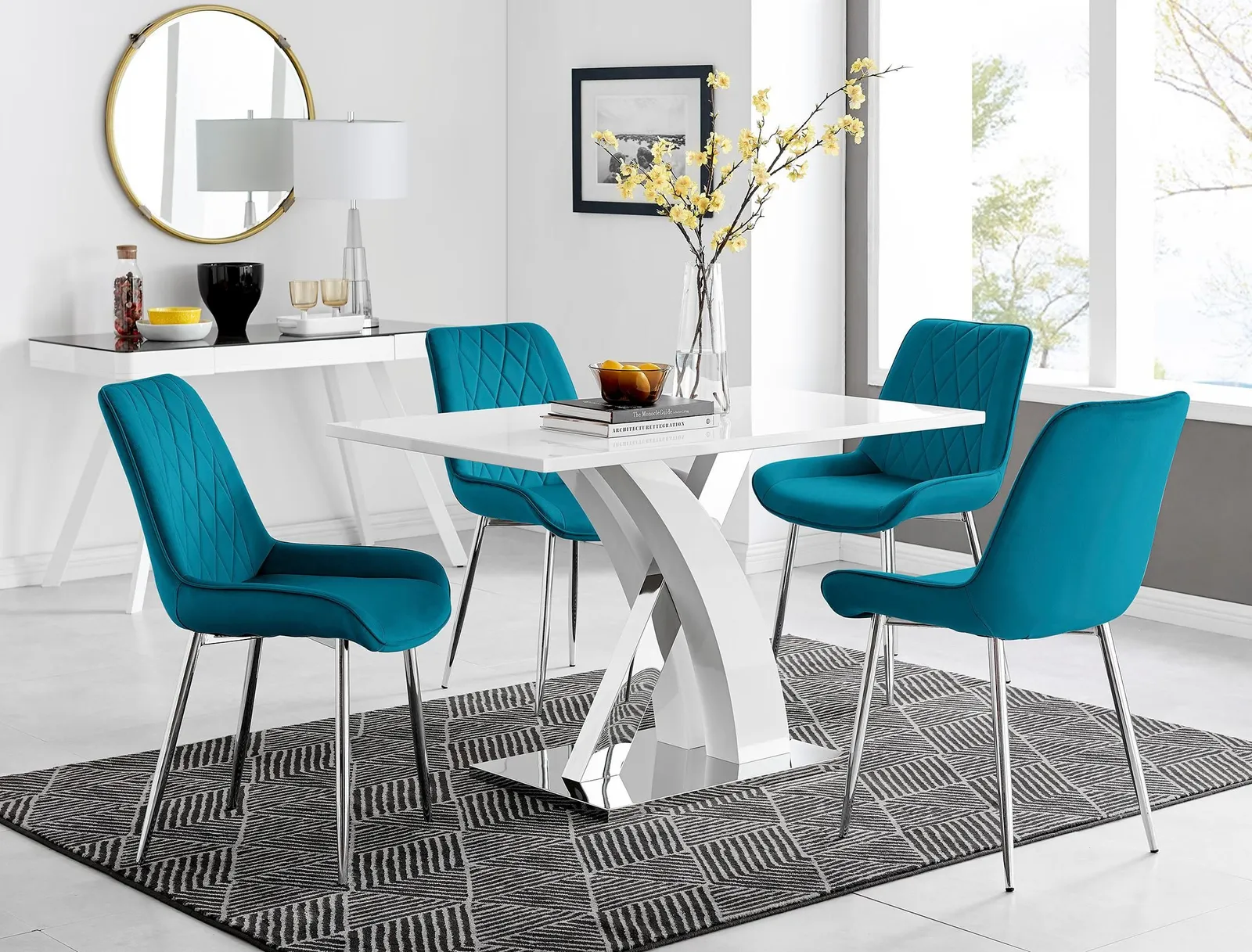 FurnitureboxUK Atlanta White High Gloss & Chrome 4 Seater Dining Table with X Shaped Legs & 4 Soft Velvet Pesaro Chairs in Blue 1