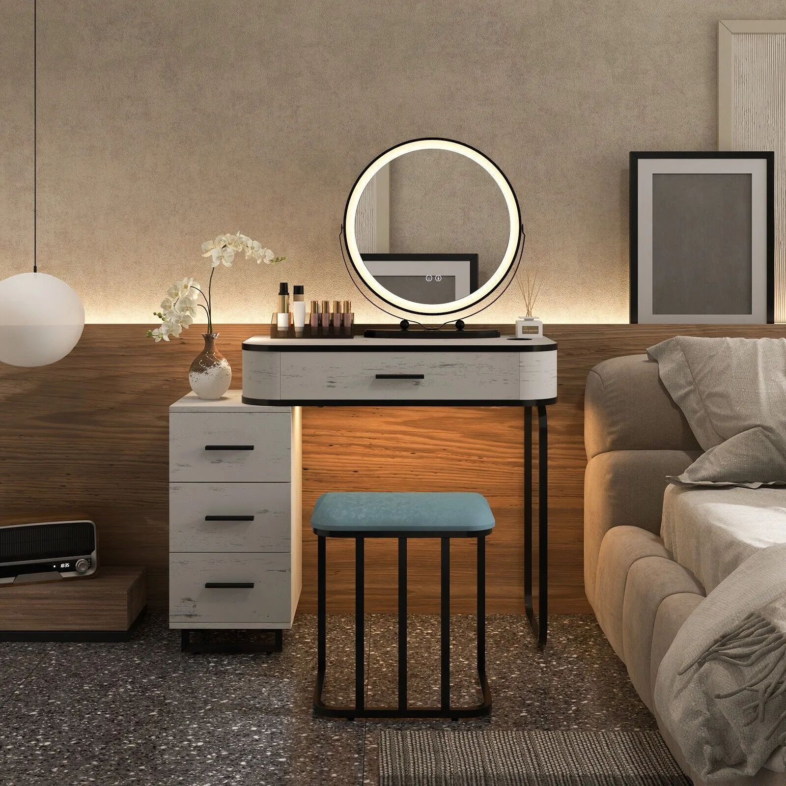 Costway Dressing Table Vanity Set Makeup Stool w/ Charging Station & 3Color Lighted Swivel Mirror & 3Drawer Chest in White 6