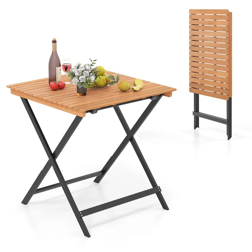 Costway 70CM Patio Folding Table Acacia Wood Square Table in Khaki