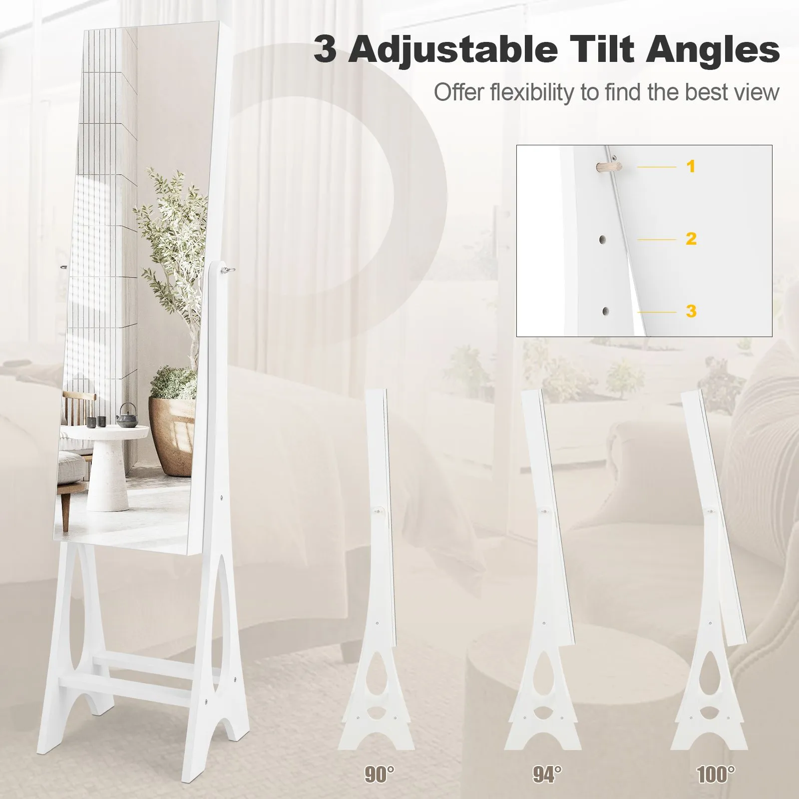 Costway Freestanding Full Length Mirror Jewelry Cabinet w/ Built-in LED in White 4