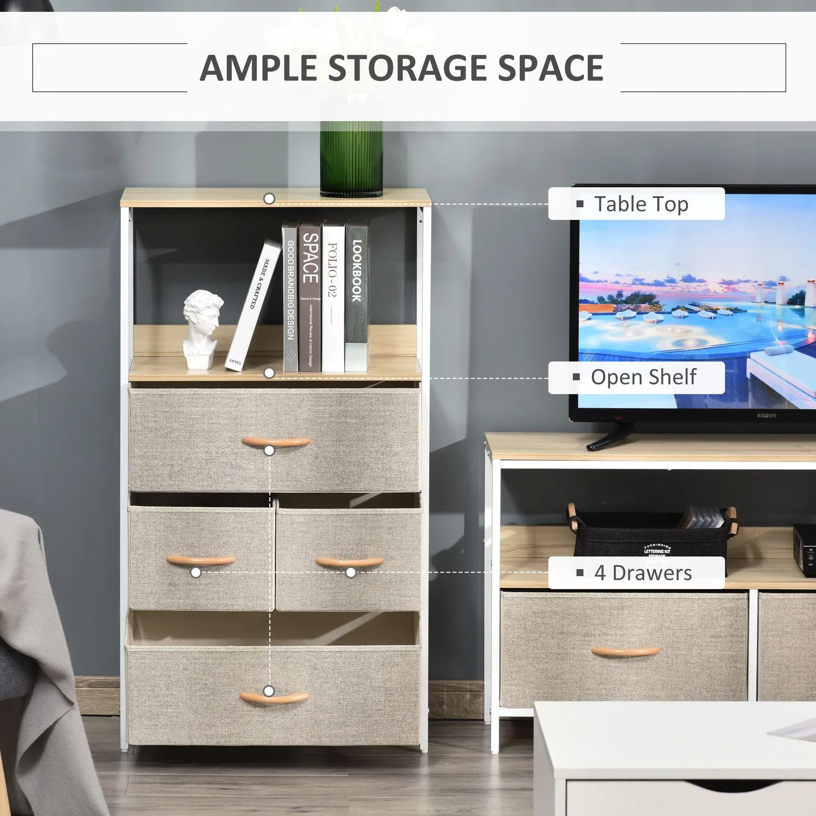 HOMCOM Drawer Storage Chest Unit Home w/ Shelves Home Living Room Bedroom in White 4