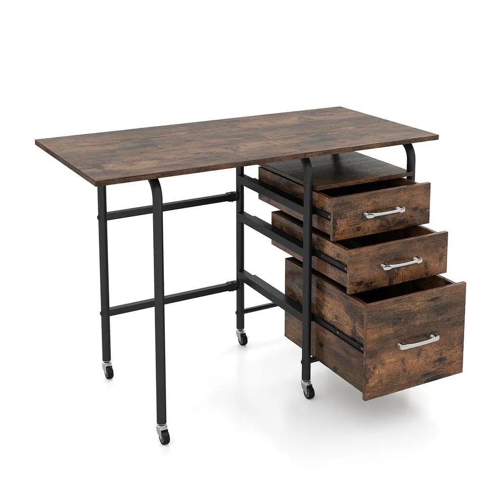 Costway Folding Desk with 3 Drawers Convertible Computer Desk in Brown 5